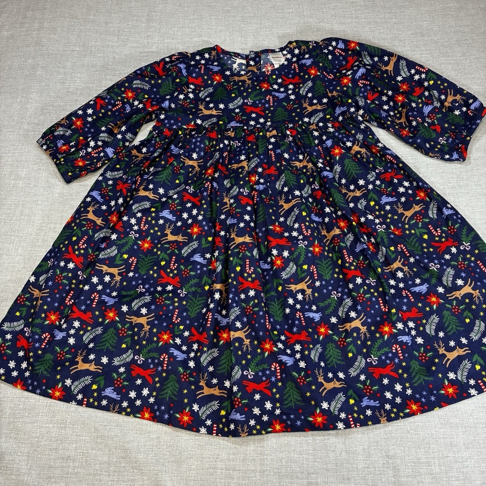 Hanna Anderson Christmas Dress Sz 10 Blue Cotton Poinsettias Reindeer 140
